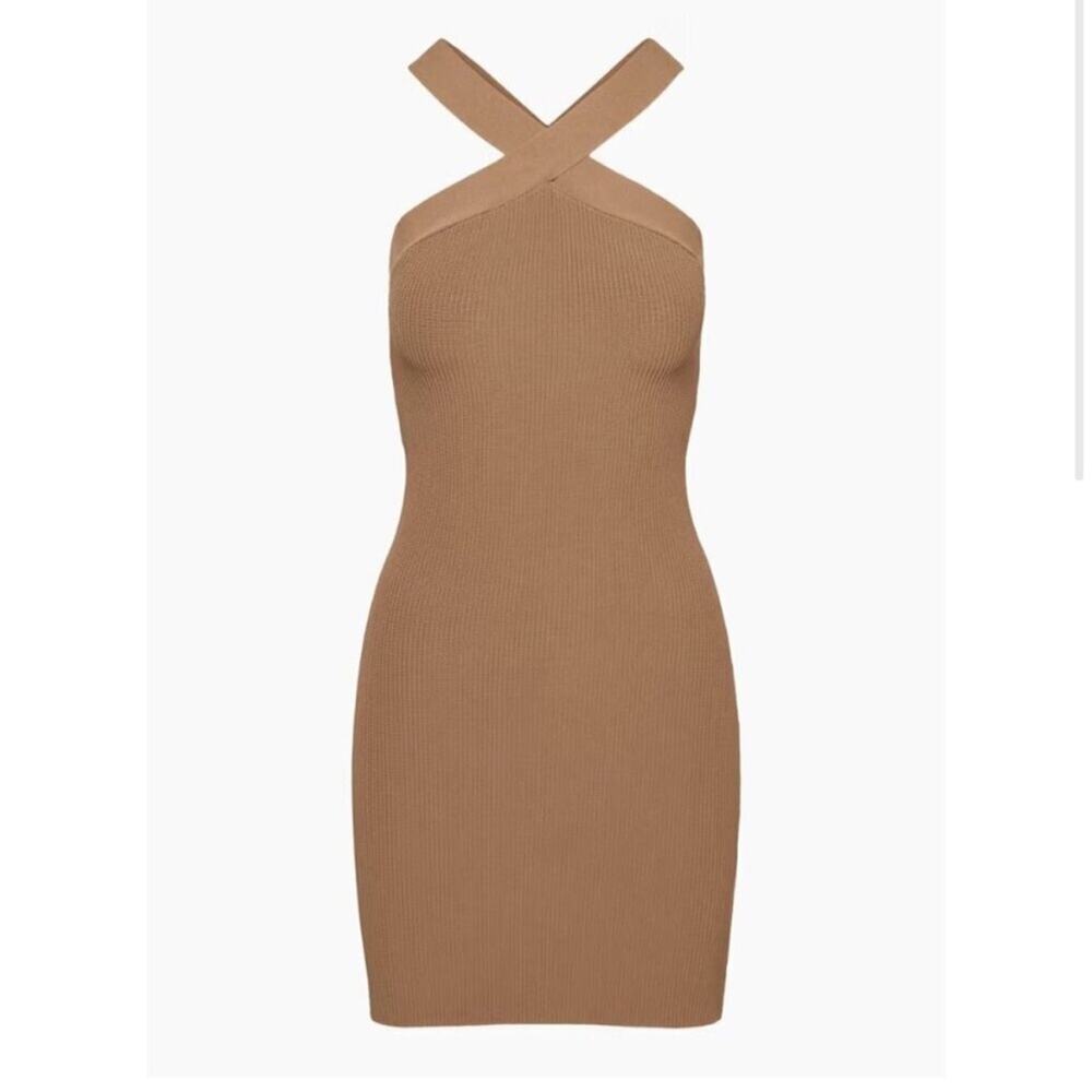 Aritzia babaton sculpt knit criss cross dress ribbed bodycon sexy date caramel L